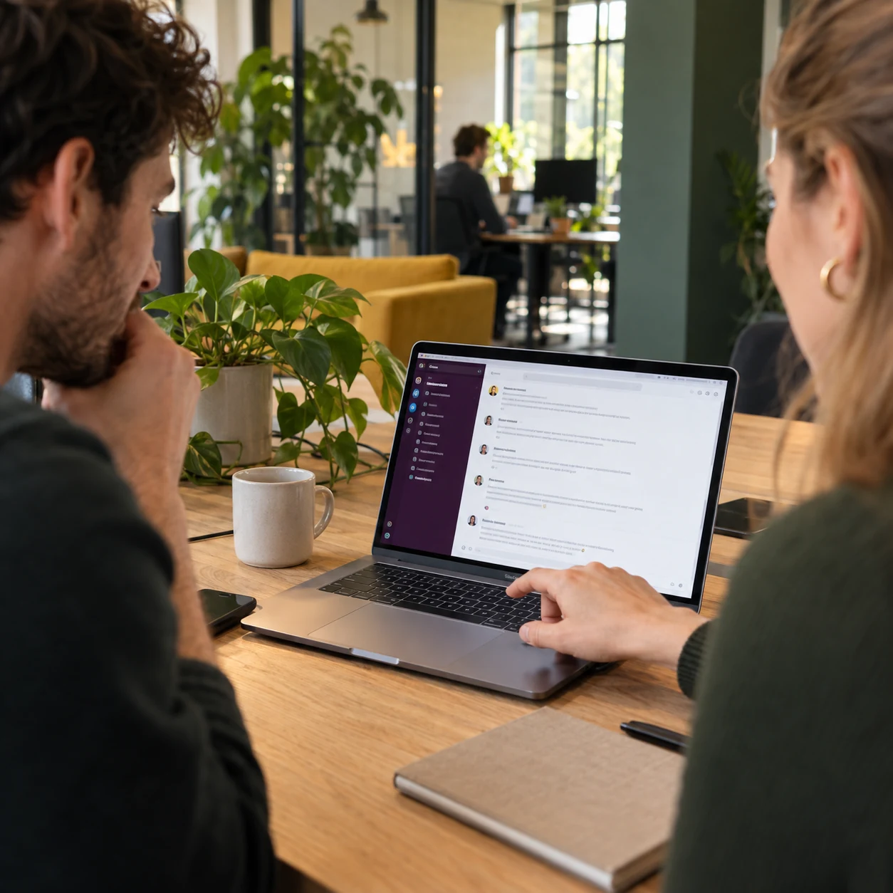 AI-generated scene of two colleagues discussing a team chat on a laptop, accompanying the Slack story.