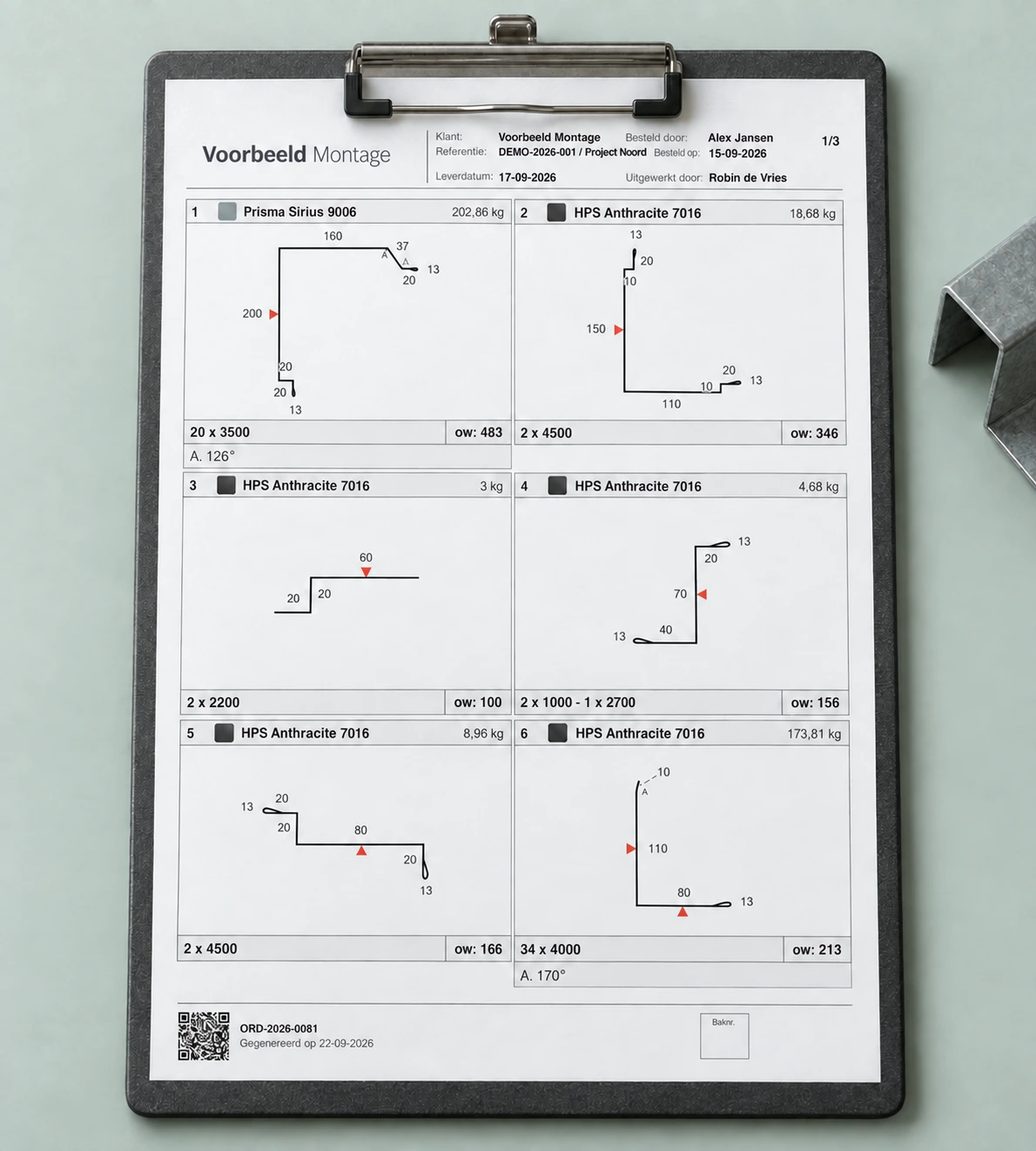 Generated presentation of a digital Zetprofiel job sheet on a clipboard, showing six profiles and their dimensions