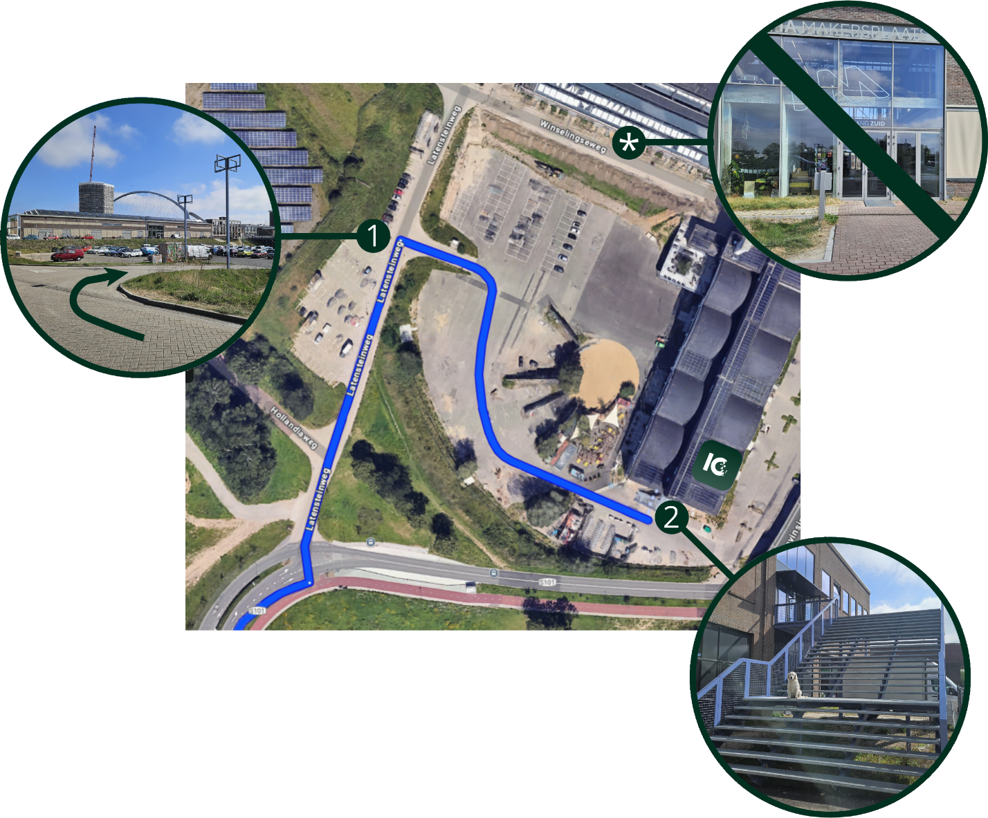 Route across the Vasim grounds to the car park and the blue metal stairs to 10KB