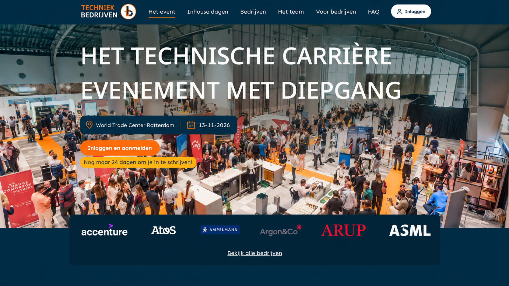 Edited crop of the Techniek Bedrijven event page, showing the event hall and participating companies