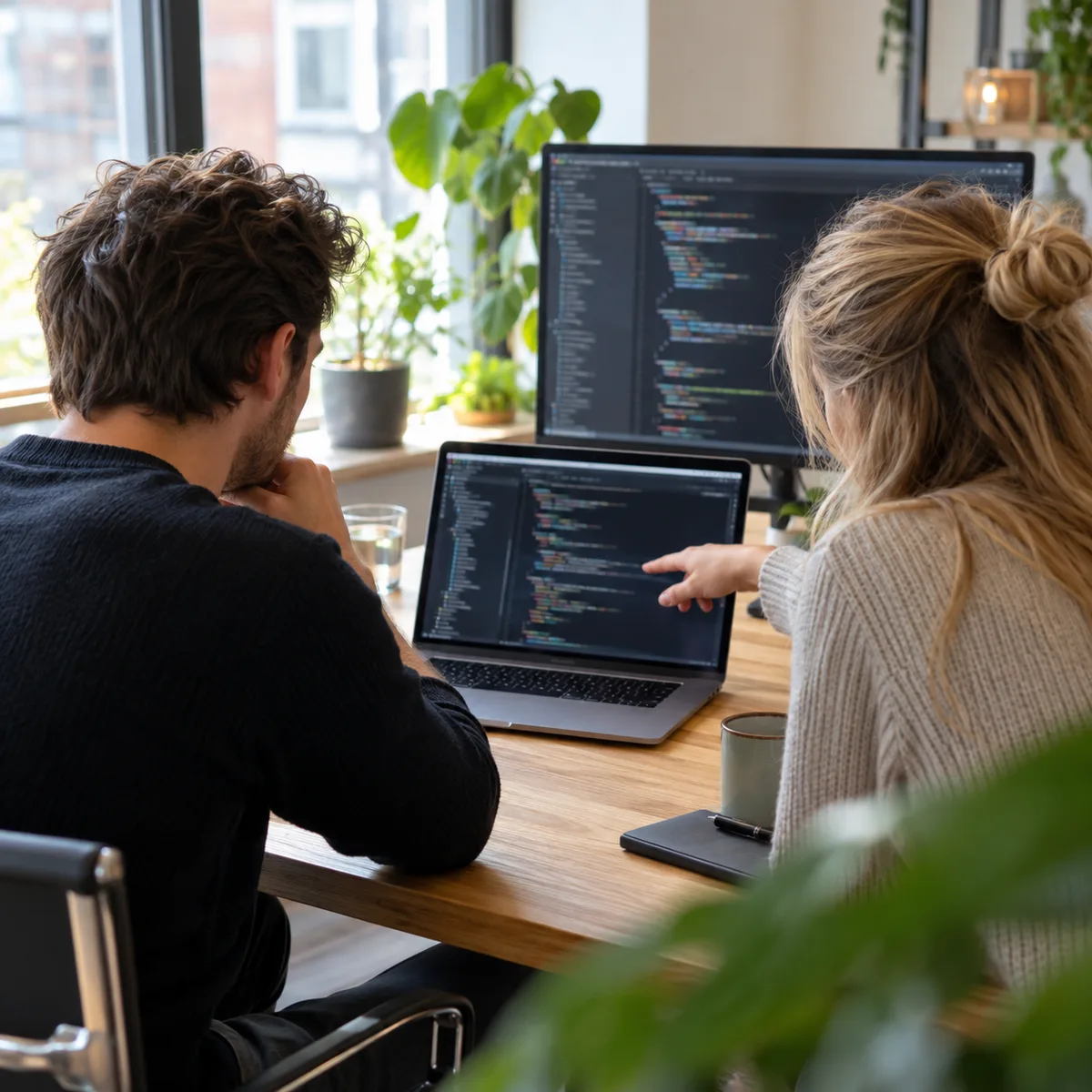 AI-generated square atmospheric image of two developers reviewing code together, accompanying the GitHub story.