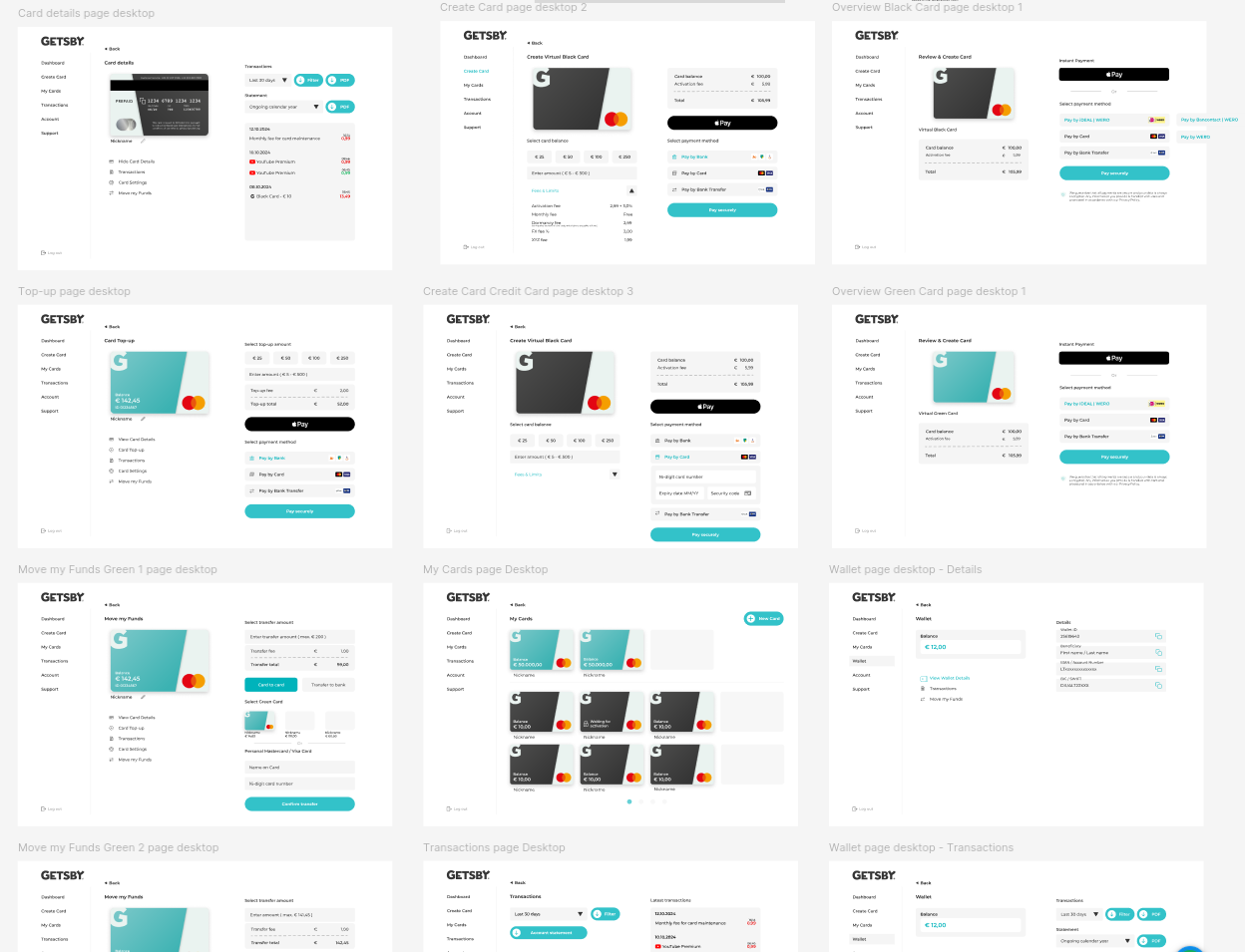 Figma-overzicht van desktopontwerpen voor kaarten, opwaarderen en walletbeheer