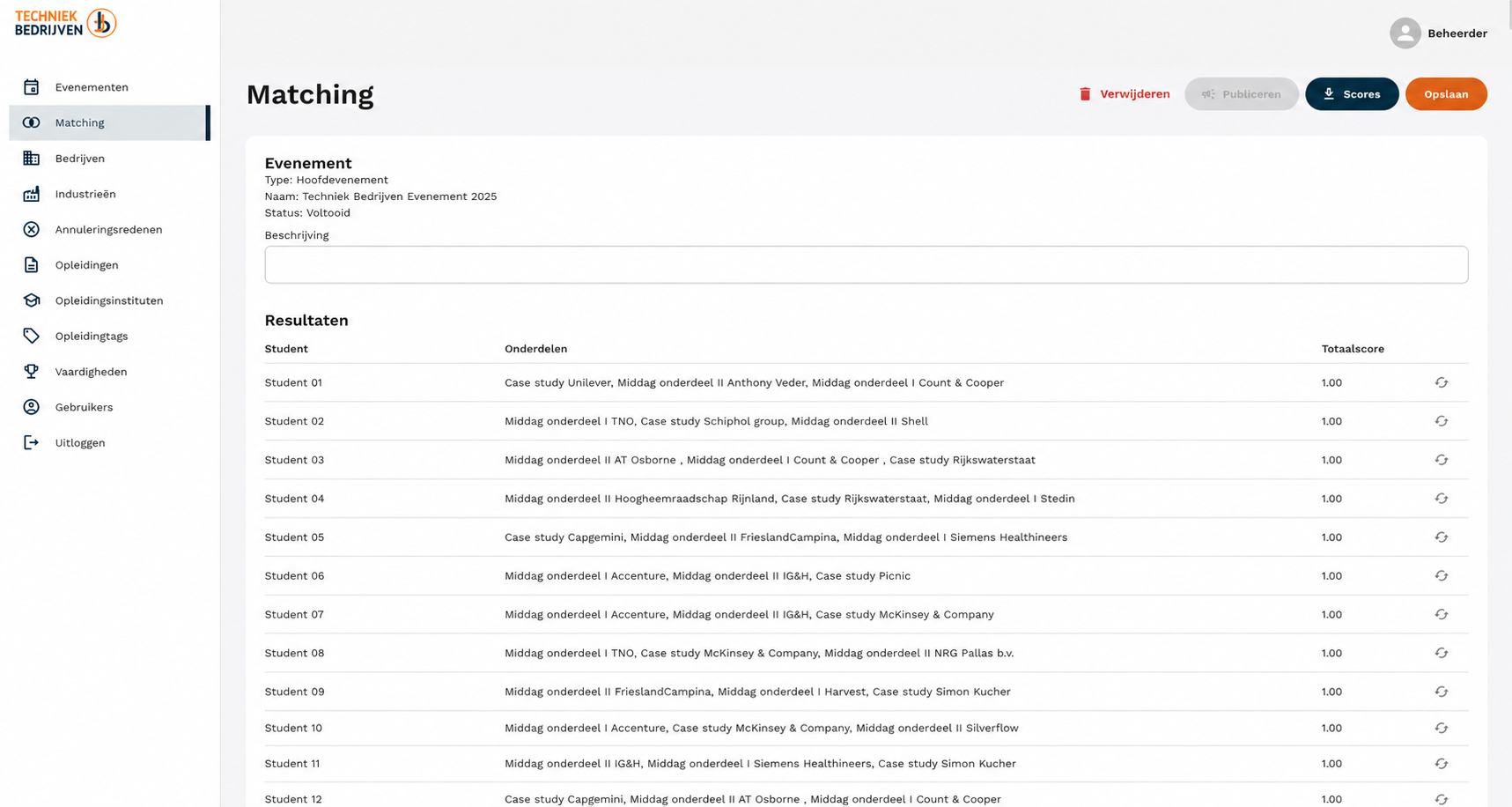 Edited matching overview with fictional student labels, their three sessions and controls for scores and publication