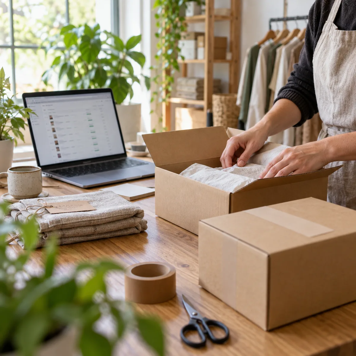 AI-generated square atmospheric image of a merchant packing a parcel beside a laptop showing order management, accompanying the Shopify story.