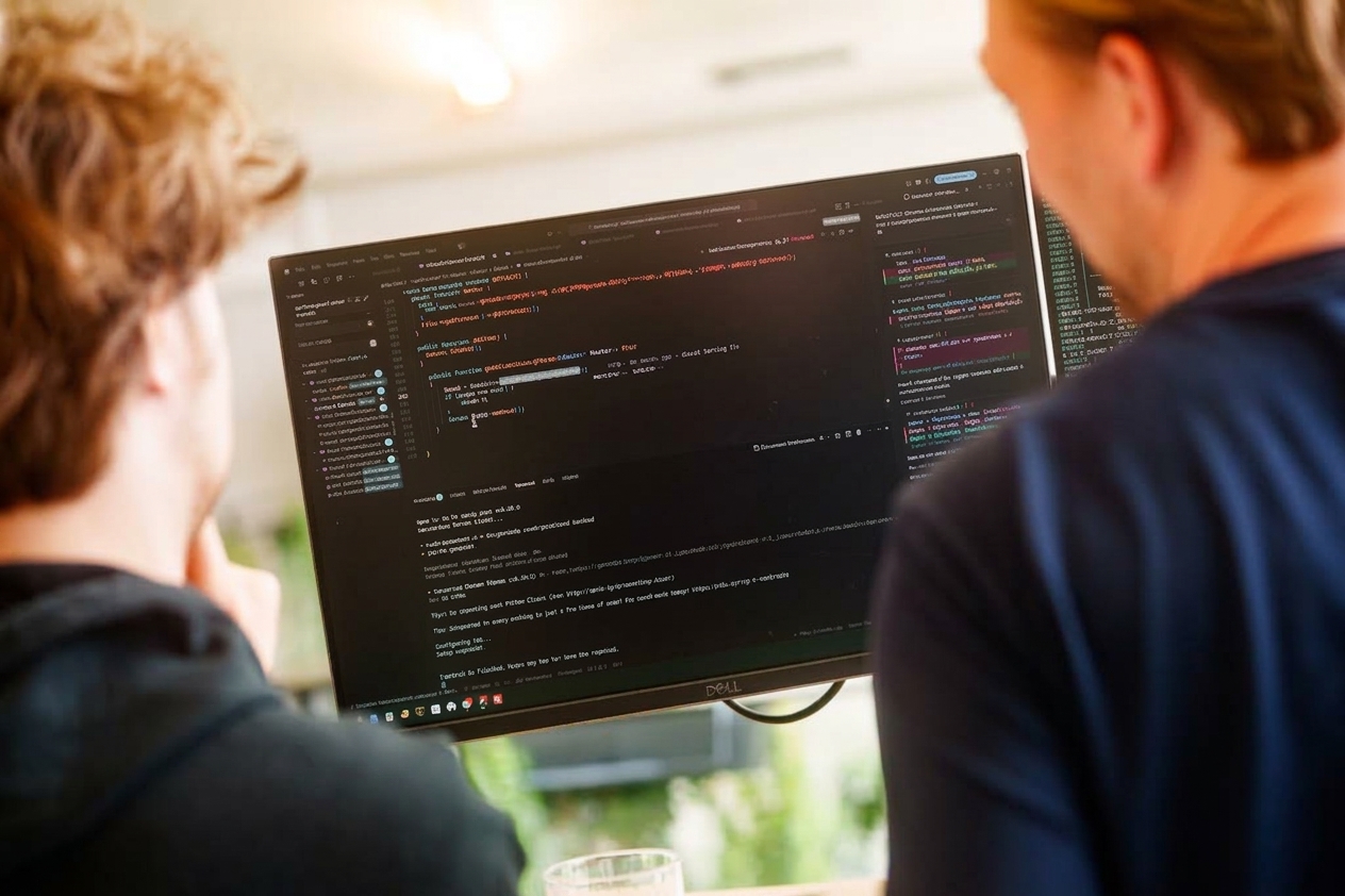 10KB developers looking at application code together.