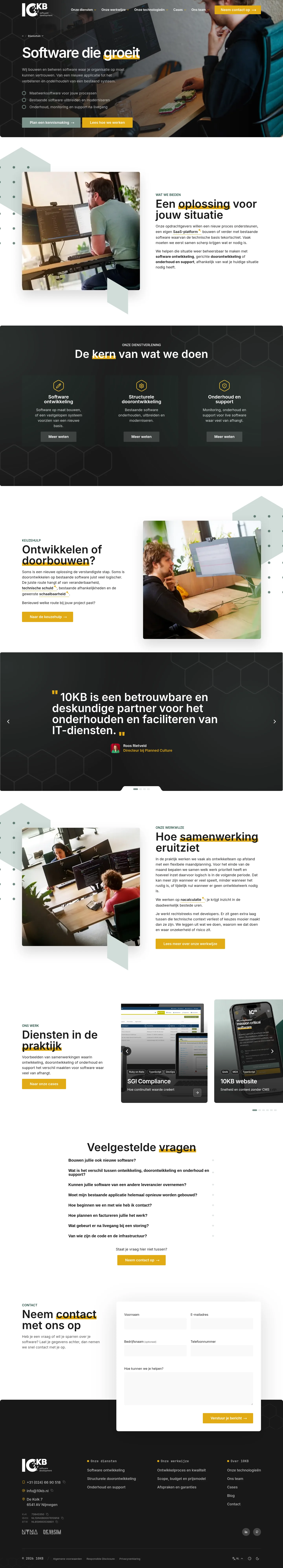 Volledige dienstenpagina met hero, tekstbeeldsecties, dienstenkaarten, testimonials, cases, FAQ en footer