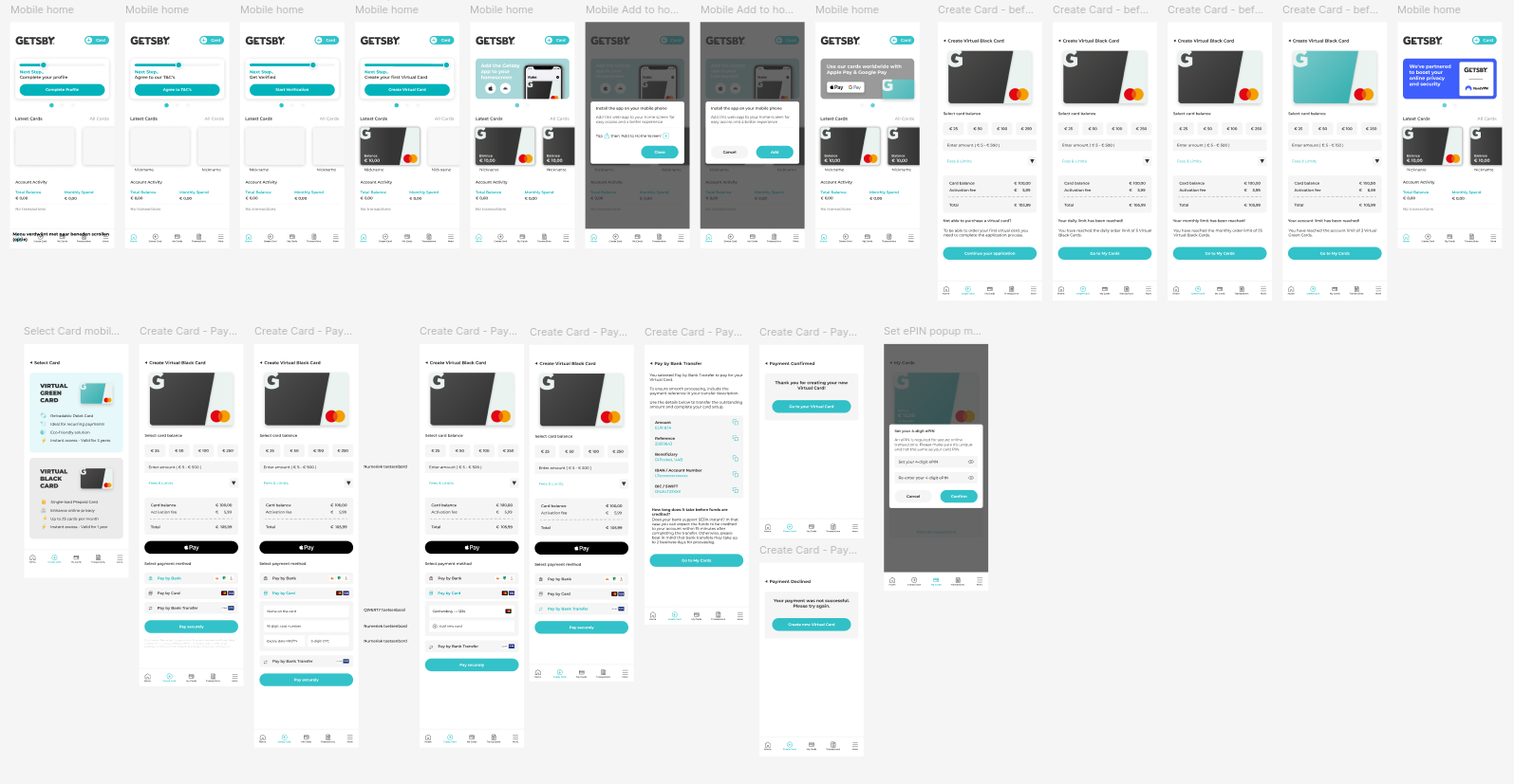 Figma-overzicht van mobiele Getsby-ontwerpen voor registratie, kaartaanmaak en betaling