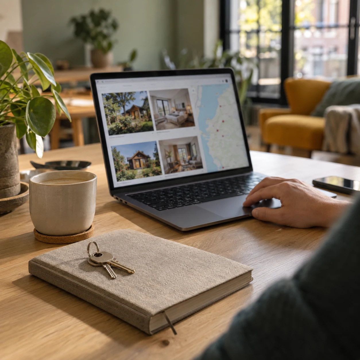 AI-generated scene of a laptop showing holiday rentals and house keys on a notebook, accompanying the Airbnb story.
